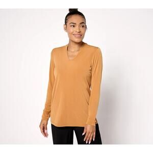 Susan Graver Modern Essentials Liquid Knit Voop Neck Top Rich Gold Womens Large